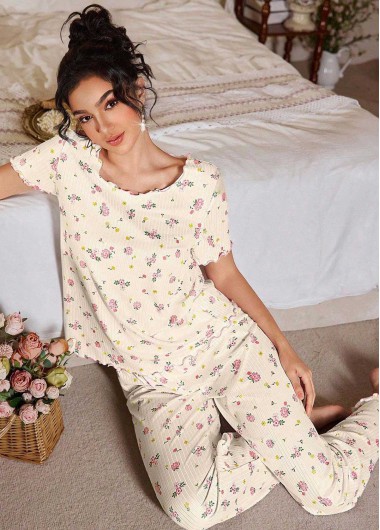 women clothes image of Light Yellow Ditsy Floral Print Lounge Top and Pants