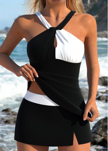 women clothes image of Black Mid Waisted Criss Cross Tankini Set