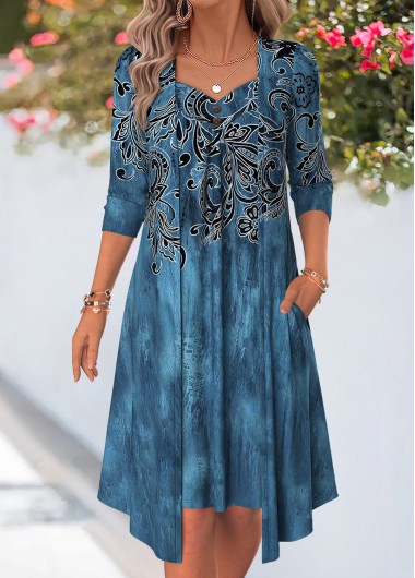 women clothes image of Denim Blue Paisley Print Fake 2in1 Long Sleeve Dress