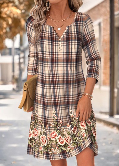 women clothes image of Multi Color Plaid Short Tuck Stitch Long Sleeve Dress
