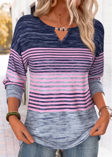 women clothes image of Purple Striped Beaded Long Sleeve Round Neck T Shirt