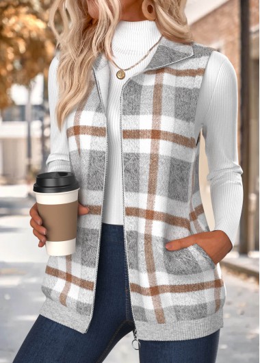women clothes image of Light Grey Marl Double Side Pockets Plaid Sleeveless Waistcoat