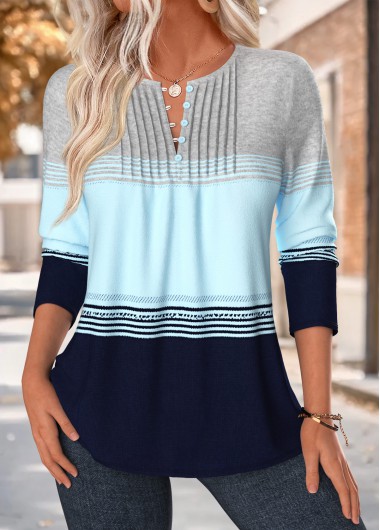 women clothes image of Light Blue Geometric Print Tuck Stitch T Shirt