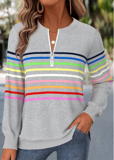 women clothes image of Grey Striped Tummy Coverage Long Sleeve Round Neck Sweatshirt