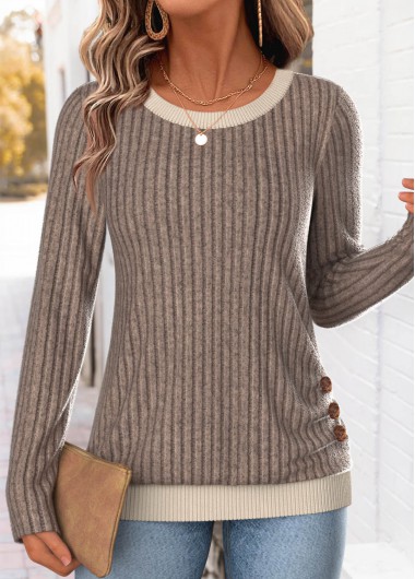 women clothes image of Gray Brown Button Long Sleeve Round Neck T Shirt