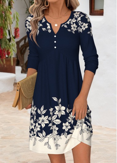 women clothes image of Navy Floral Print Tummy Coverage Long Sleeve Dress