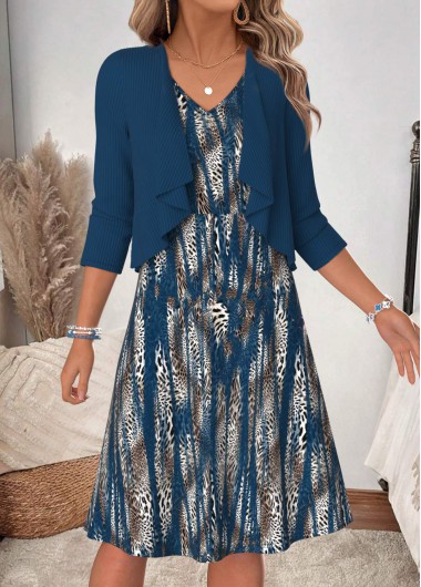 women clothes image of Peacock Blue Leopard Two-piece Long Sleeve Dress and Cardigan