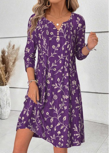 women clothes image of Purple Floral Print Short Tuck Stitch Long Sleeve Dress