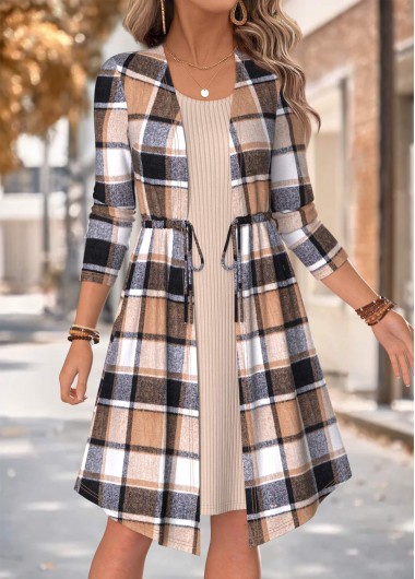 women clothes image of Multi Color Plaid Two-piece Long Sleeve Dress and Cardigan