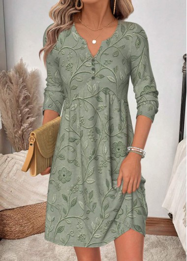 women clothes image of Sage Green Floral Print Short Shirred Long Sleeve Dress