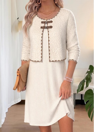 women clothes image of Beige Short Two-piece Long Sleeve Dress and Cardigan