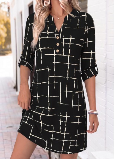 women clothes image of Black Geometric Print Short Tummy Coverage Long Sleeve Dress