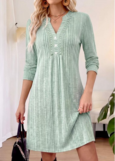 women clothes image of Light Green Short Shirred Long Sleeve Split Neck Dress