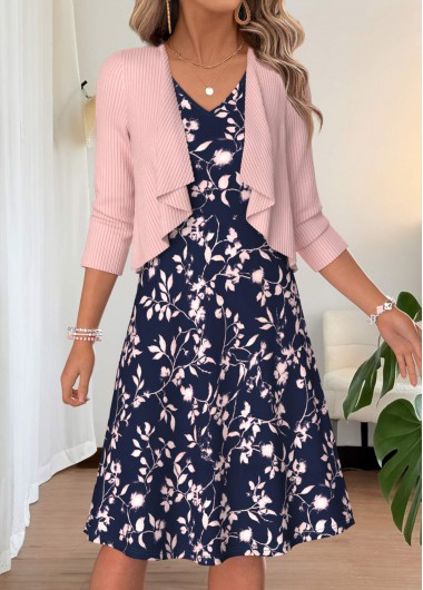 women clothes image of Multi Color Floral Print Two-piece Dress and Cardigan