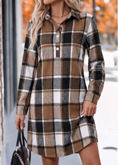 women clothes image of Multi Color Plaid Tummy Coverage Long Sleeve Dress