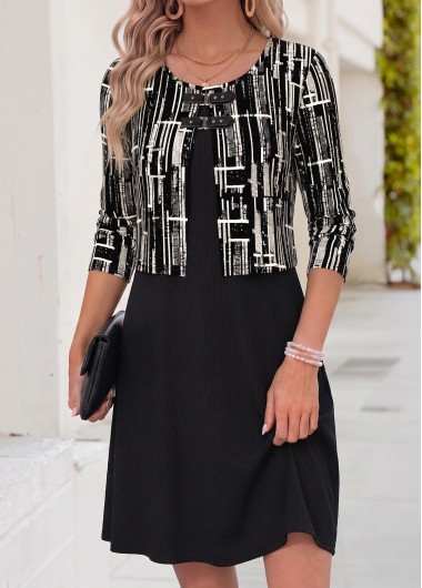 women clothes image of Black Geometric Print Short Fake 2in1 Long Sleeve Dress
