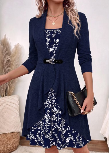 women clothes image of Navy Floral Print Fake 2in1 Long Sleeve Dress