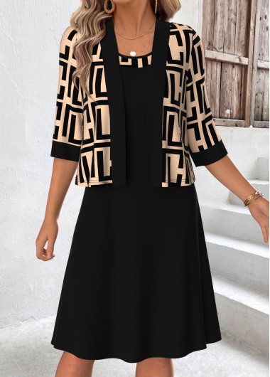 women clothes image of Light Camel Geometric Print Two-piece Dress and Cardigan