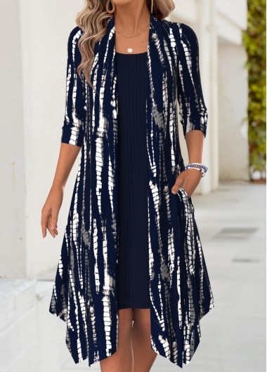 women clothes image of Navy Tie Dye Print Two-piece Dress and Cardigan