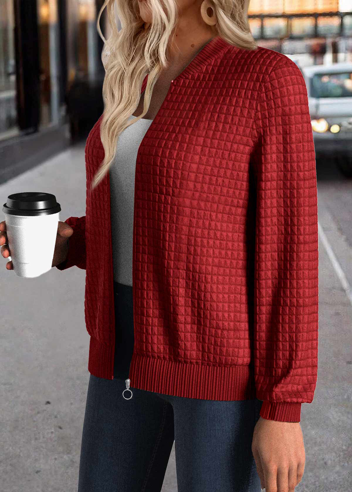 Christmas Plus Size Red Patchwork Long Sleeve Jacket | picture 3