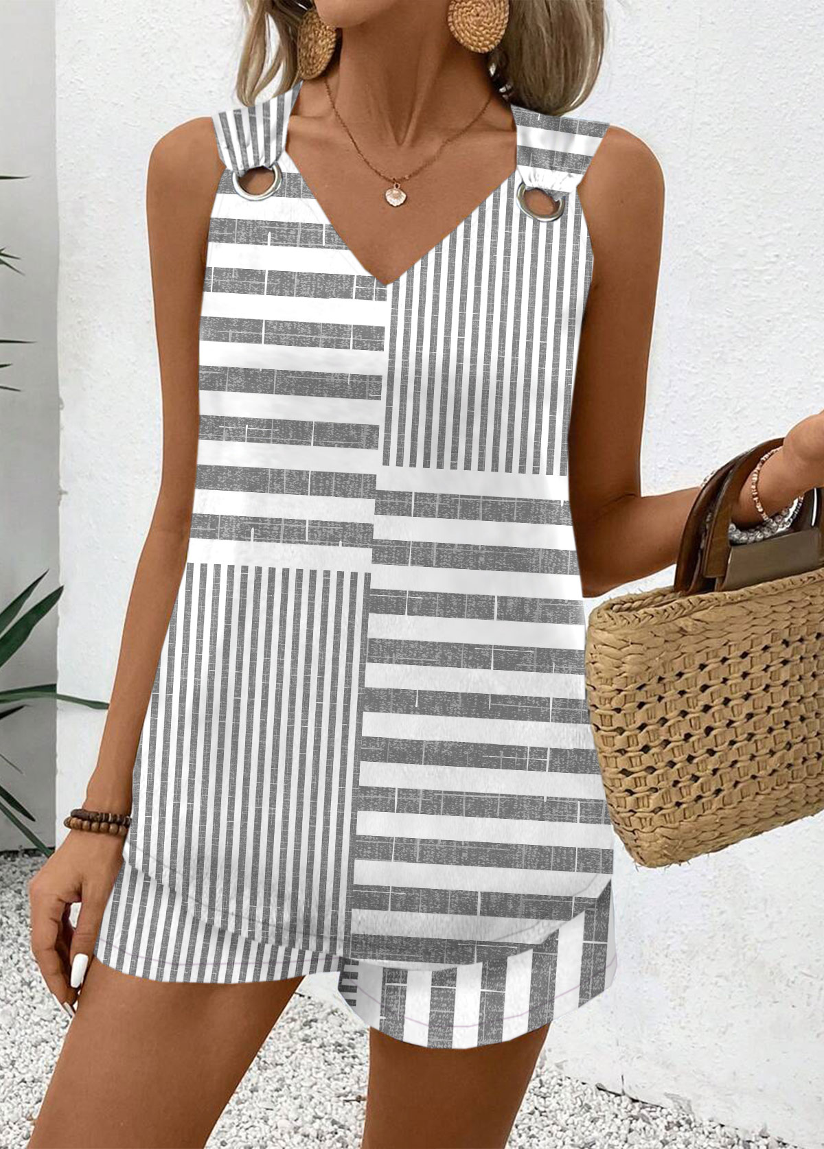Grey Striped Sleeveless V Neck Tank Top and Shorts | picture 3