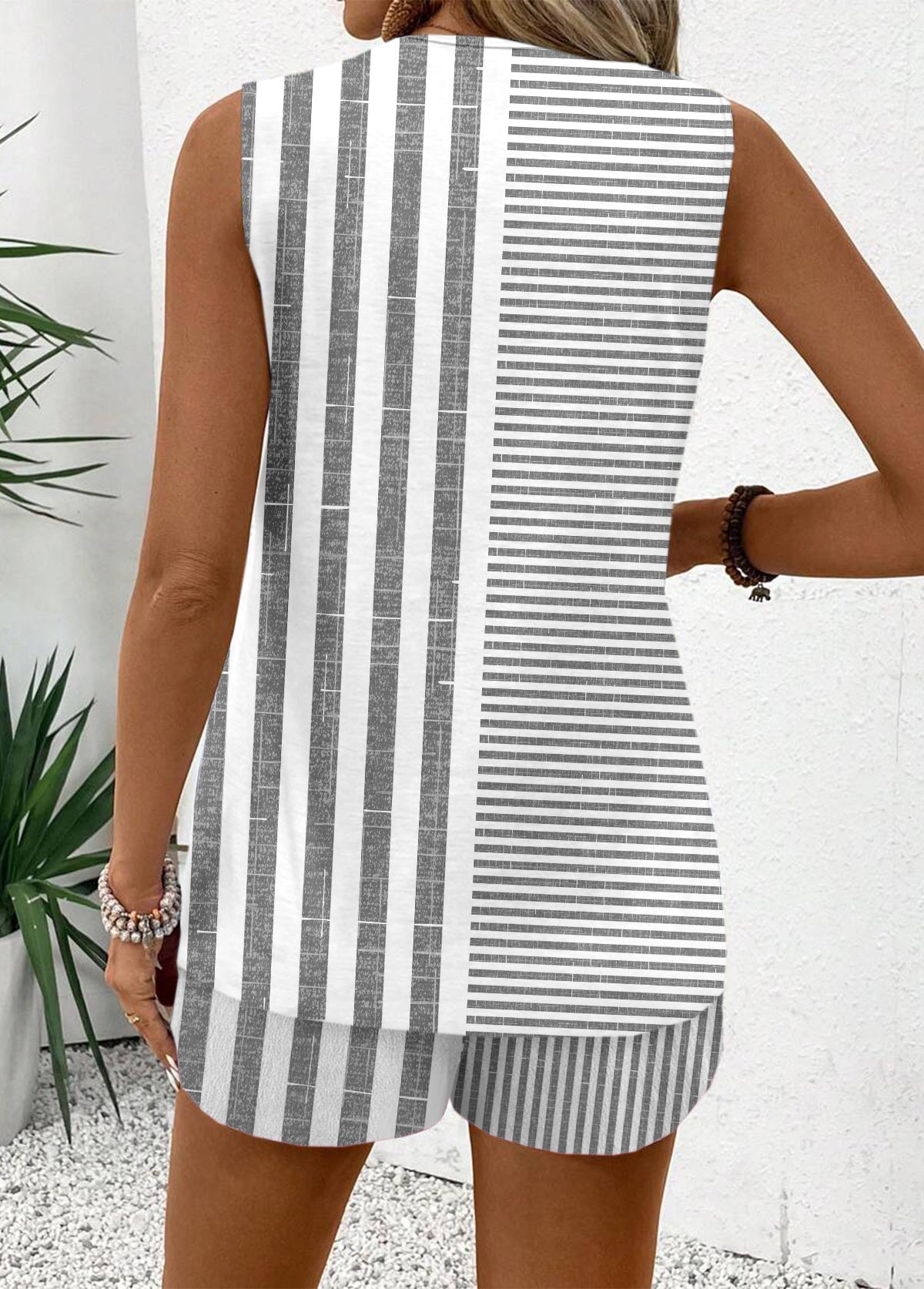 Grey Striped Sleeveless V Neck Tank Top and Shorts | picture 2