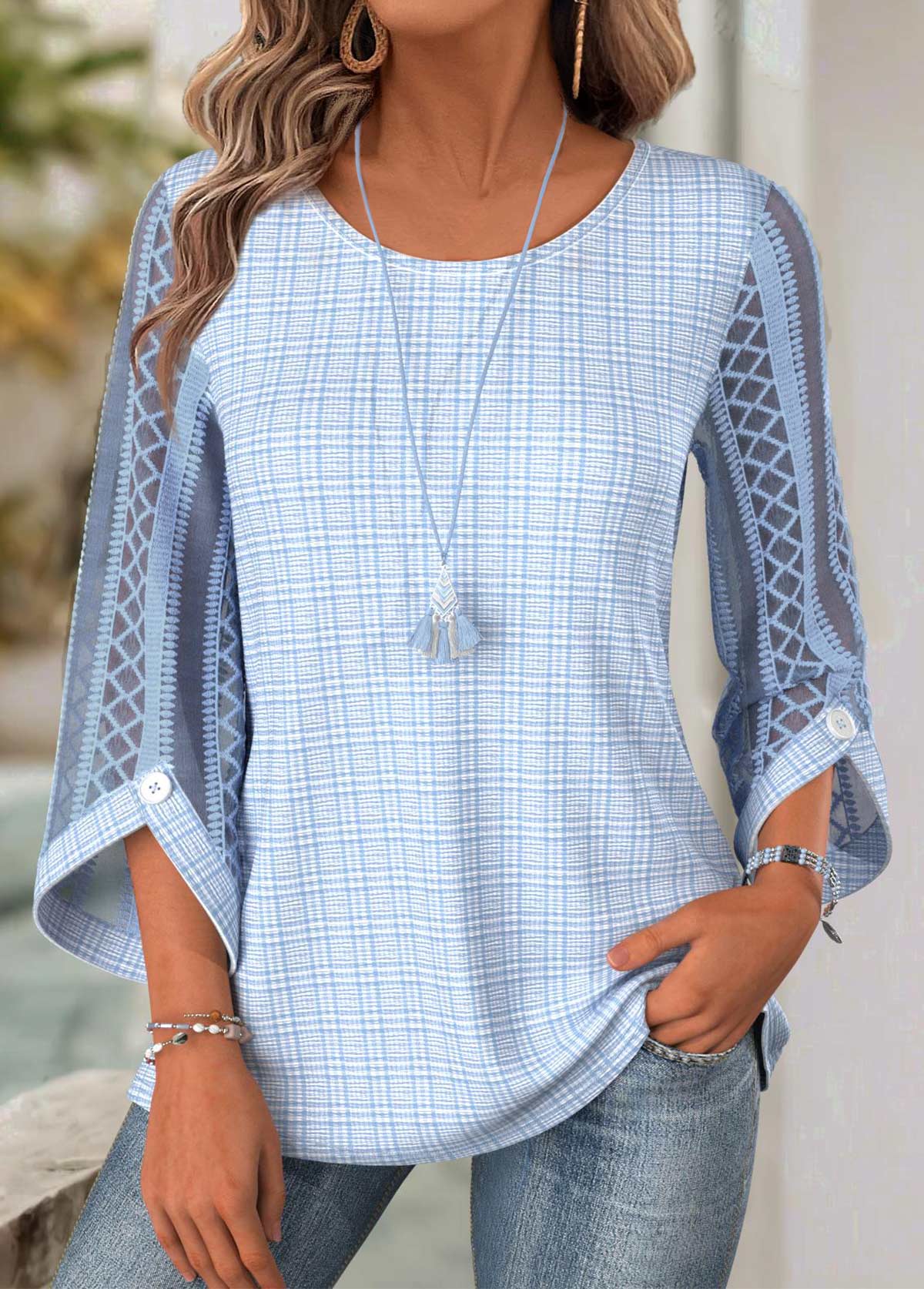 Light Blue 3/4 Sleeve Round Neck Blouse | picture 