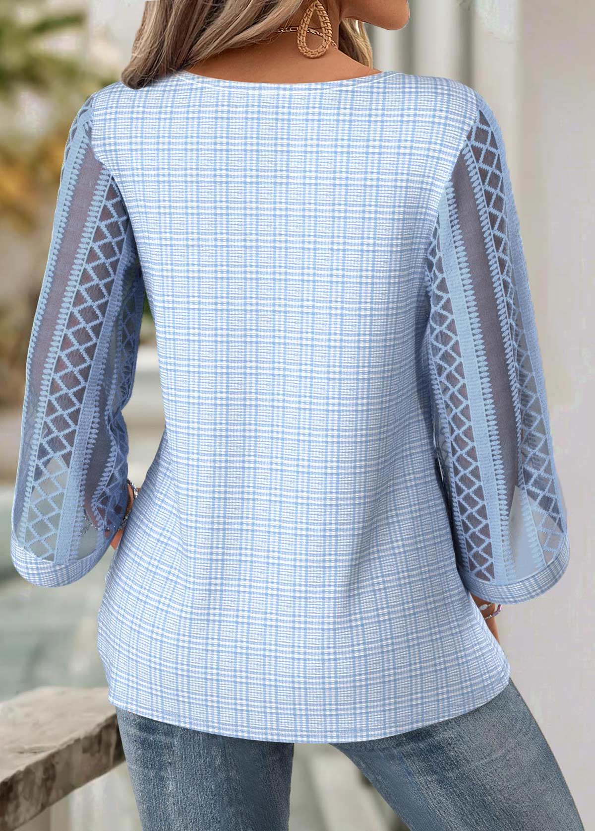 Light Blue 3/4 Sleeve Round Neck Blouse | picture 