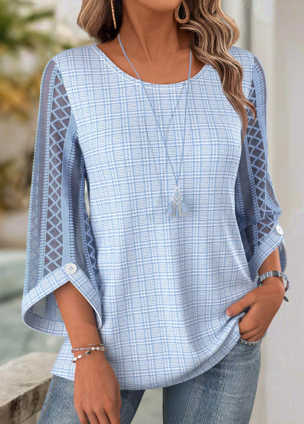 Light Blue 3/4 Sleeve Round Neck Blouse | picture 