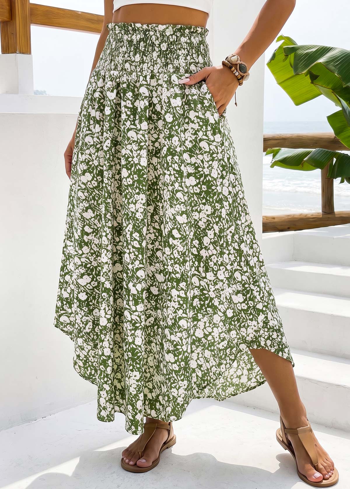 Green Pocket Ditsy Floral Print A Line Maxi Skirt | picture 