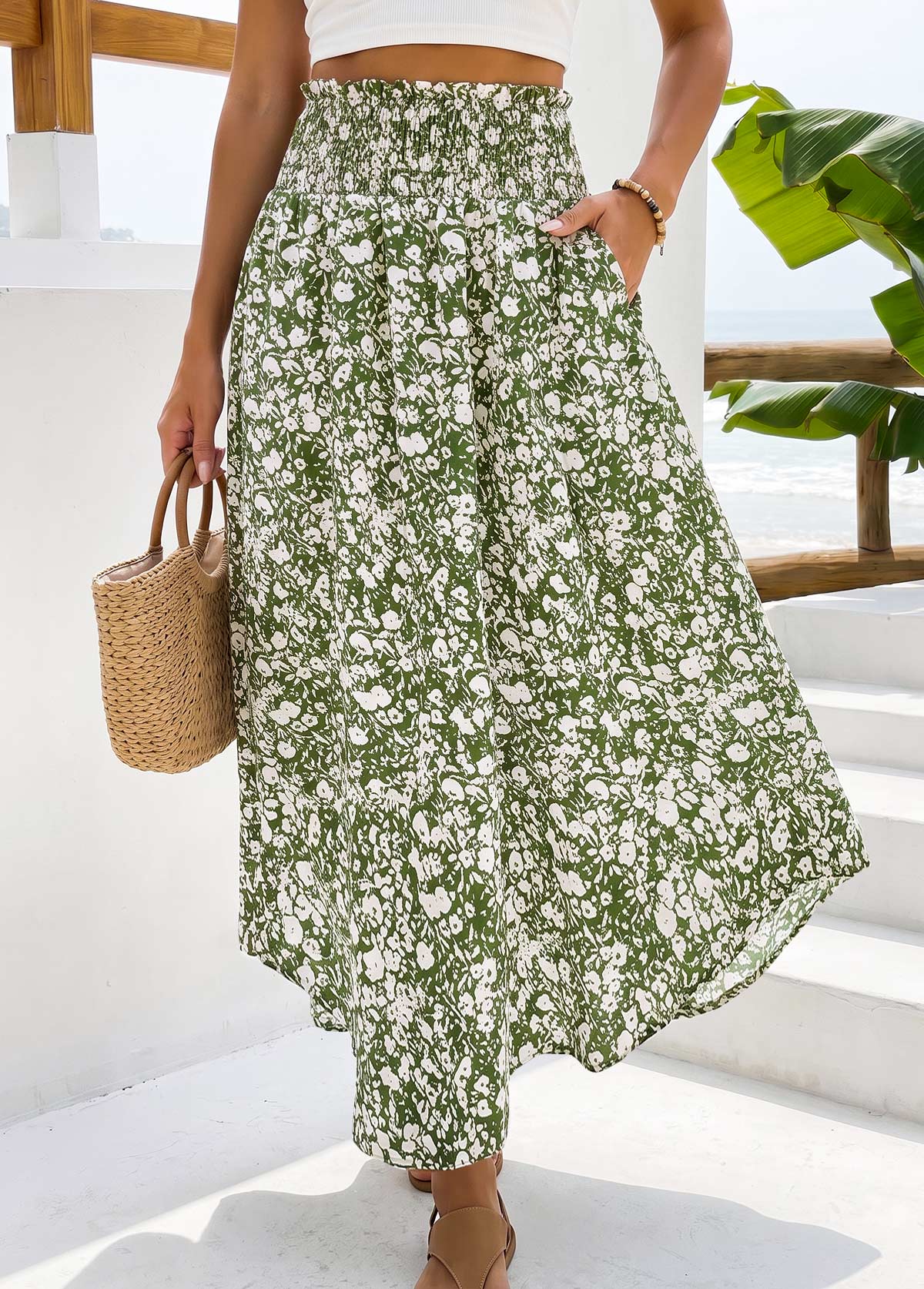 Green Pocket Ditsy Floral Print A Line Maxi Skirt | picture 