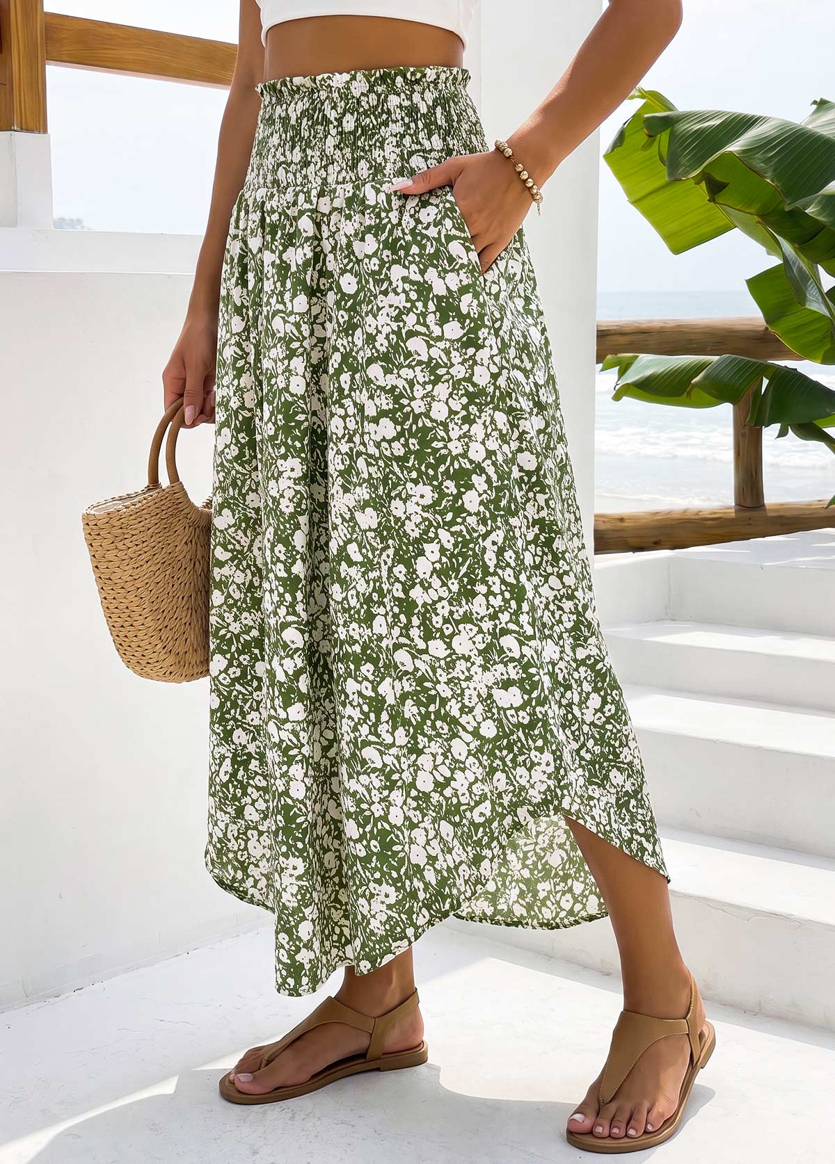 Green Pocket Ditsy Floral Print A Line Maxi Skirt | picture 