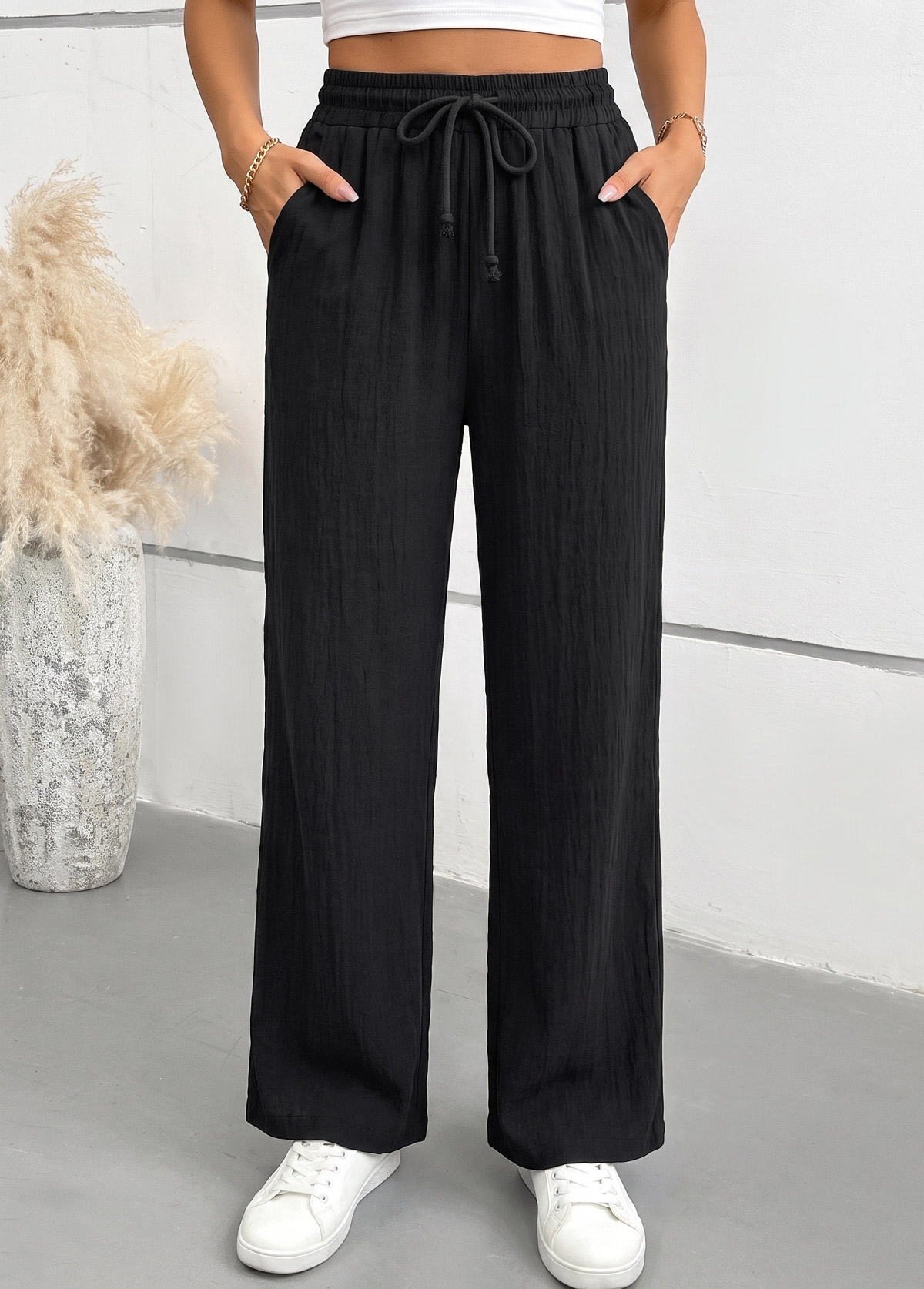 Black Elastic Waist High Waisted Pants | picture 