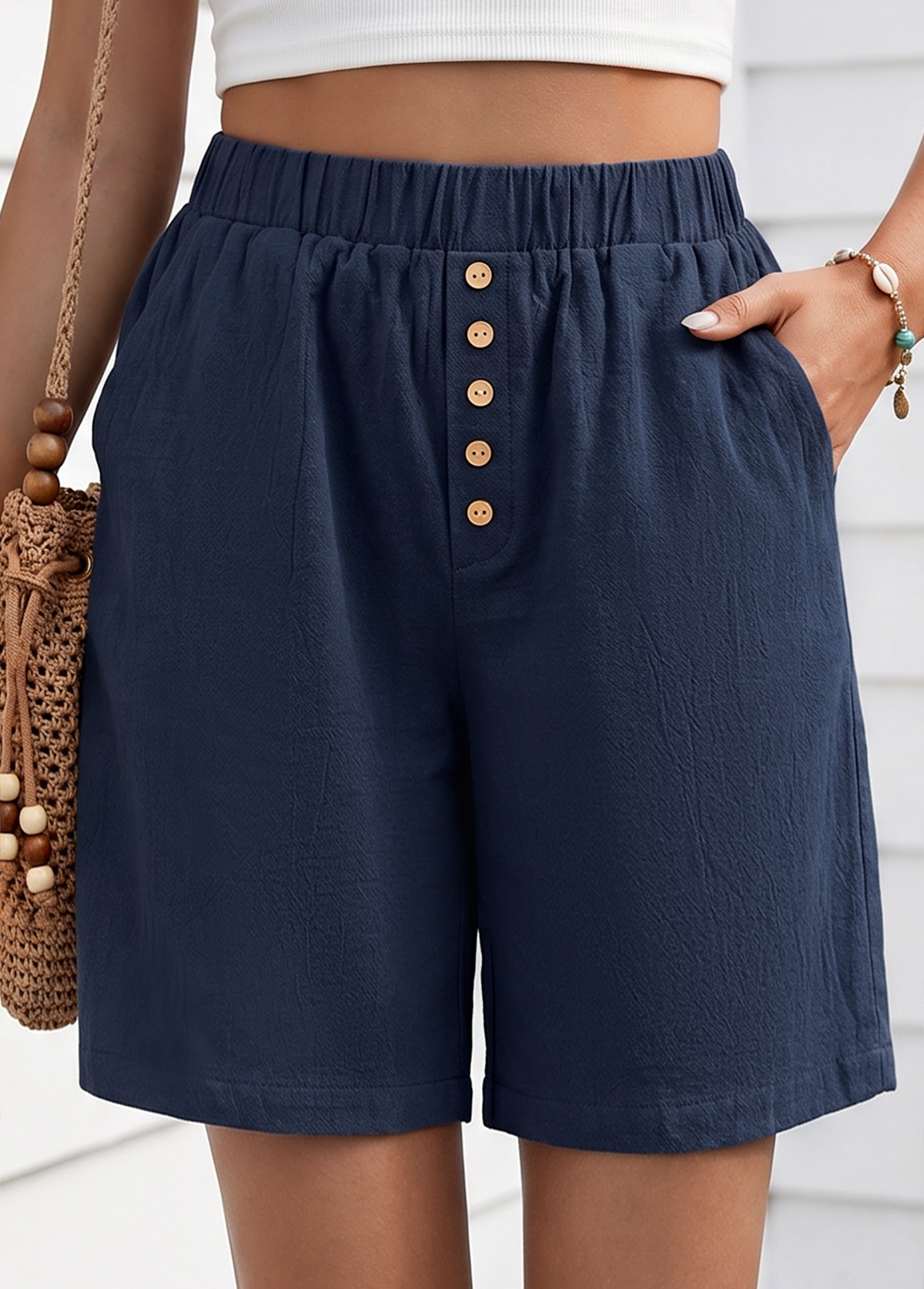 Navy Elastic Waist High Waisted Shorts | picture 