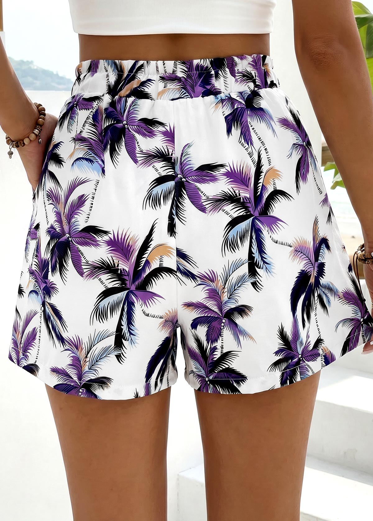 Purple Plants Print Elastic Waist High Waisted Shorts | picture 