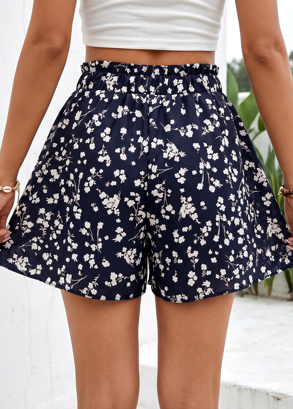 Navy Ditsy Floral Print Wide Leg Elastic Waist Shorts | picture 