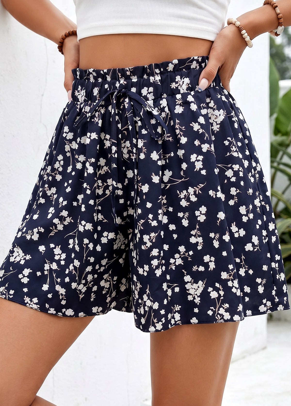 Navy Ditsy Floral Print Wide Leg Elastic Waist Shorts | picture 