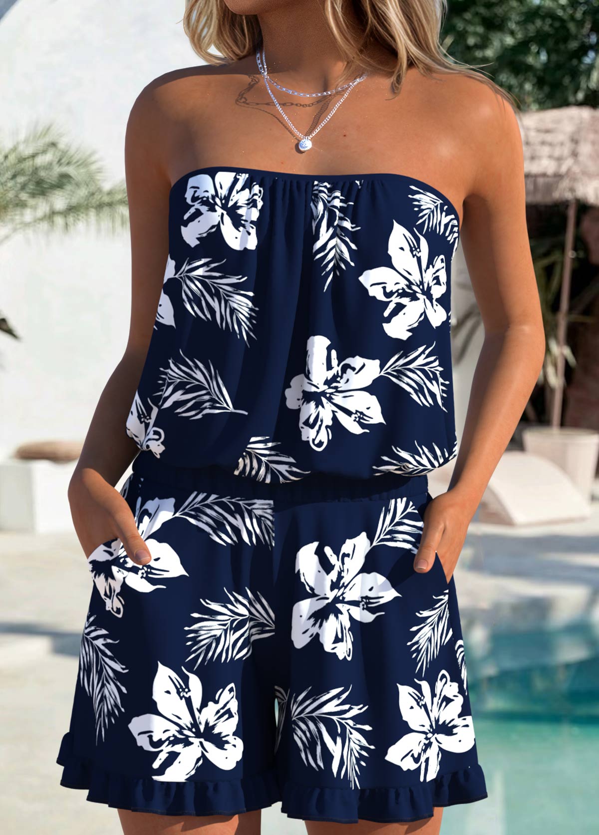 Navy Tummy Coverage Floral Print One Piece Swimwear | picture 
