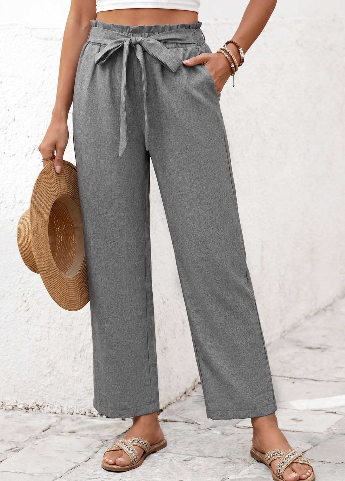 Grey Elastic Waist High Waisted Pants | picture 