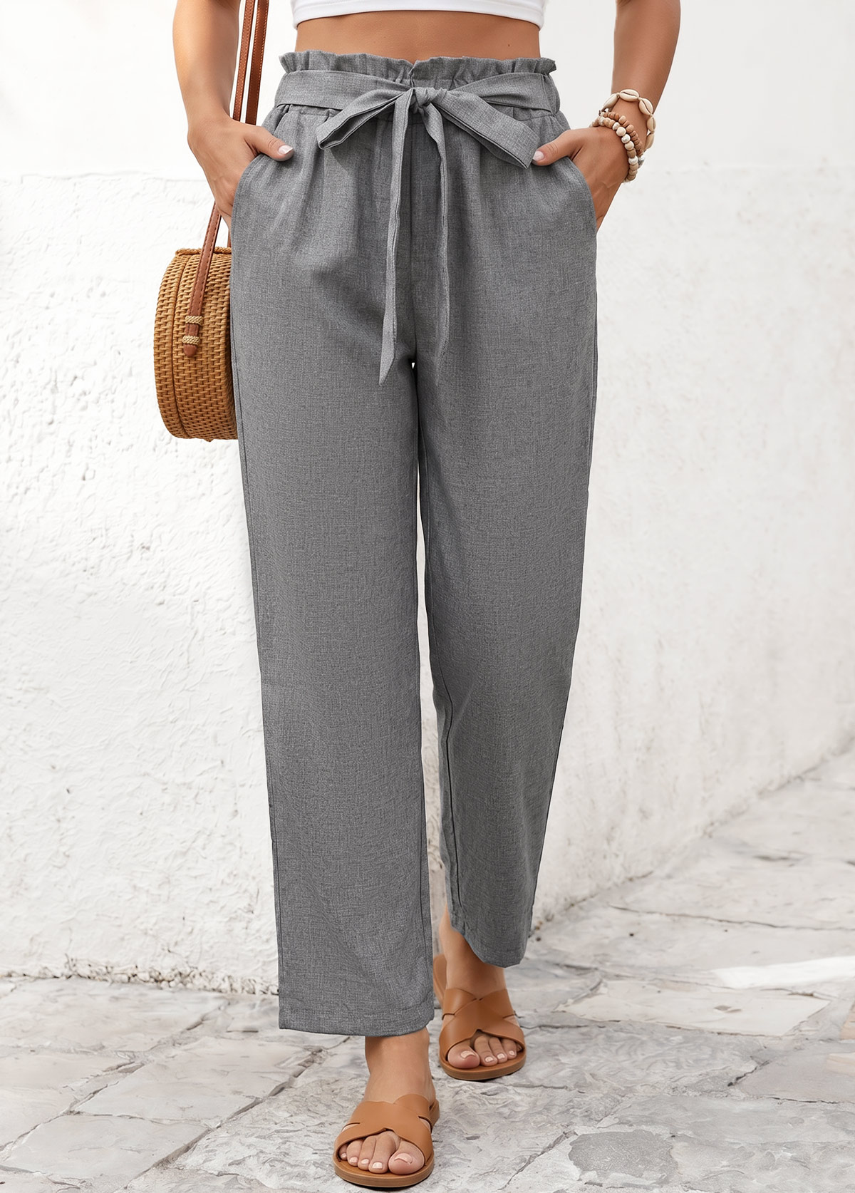 Grey Elastic Waist High Waisted Pants | picture 