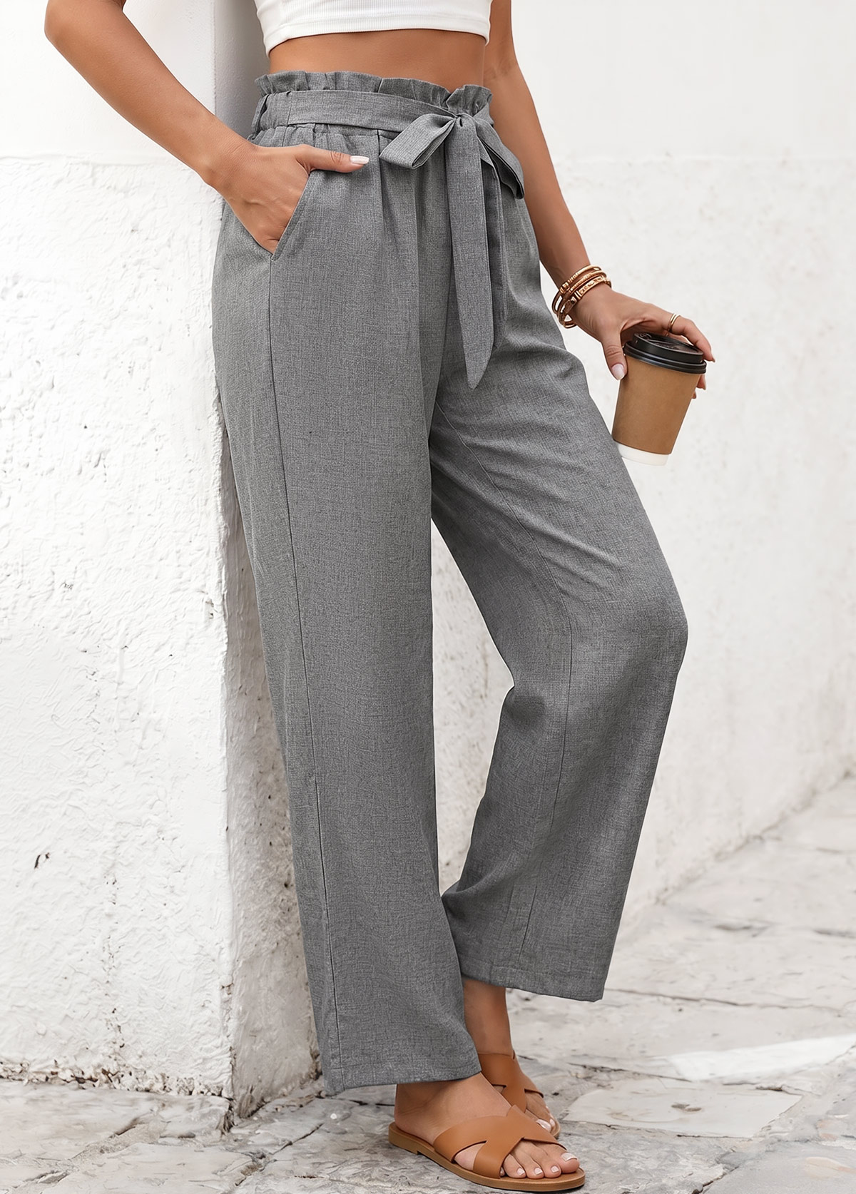 Grey Elastic Waist High Waisted Pants | picture 