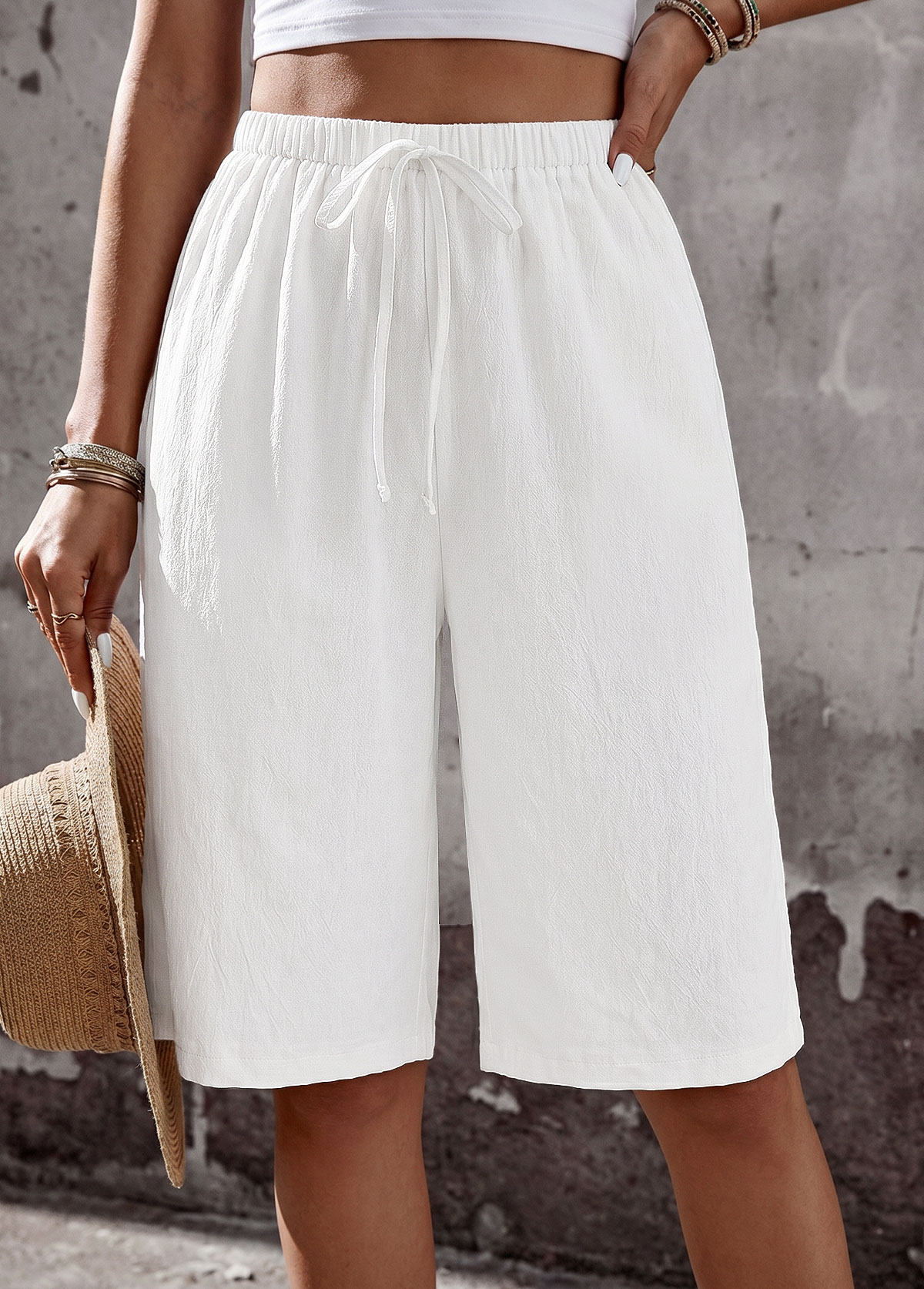 White Wide Leg Elastic Waist High Waisted Shorts | picture 