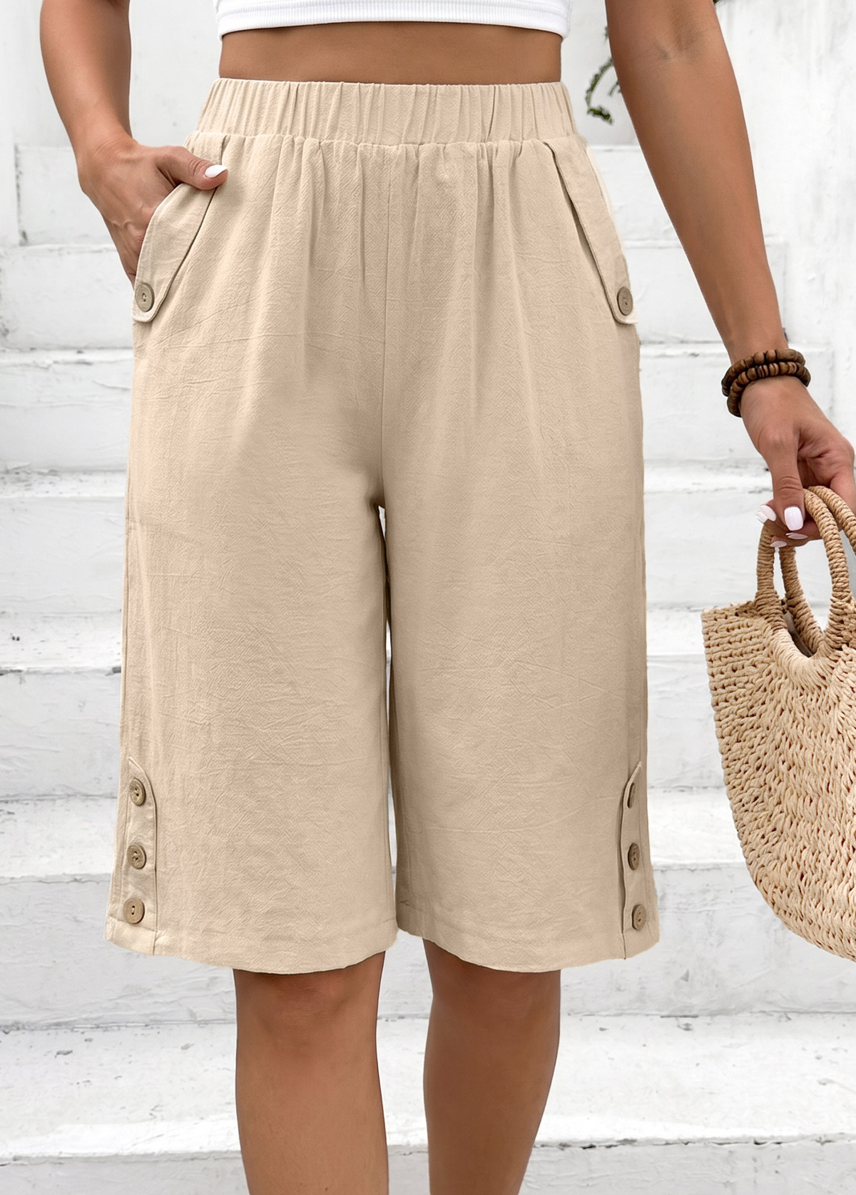 Light Coffee Straight Leg Elastic Waist High Waisted Shorts | picture 