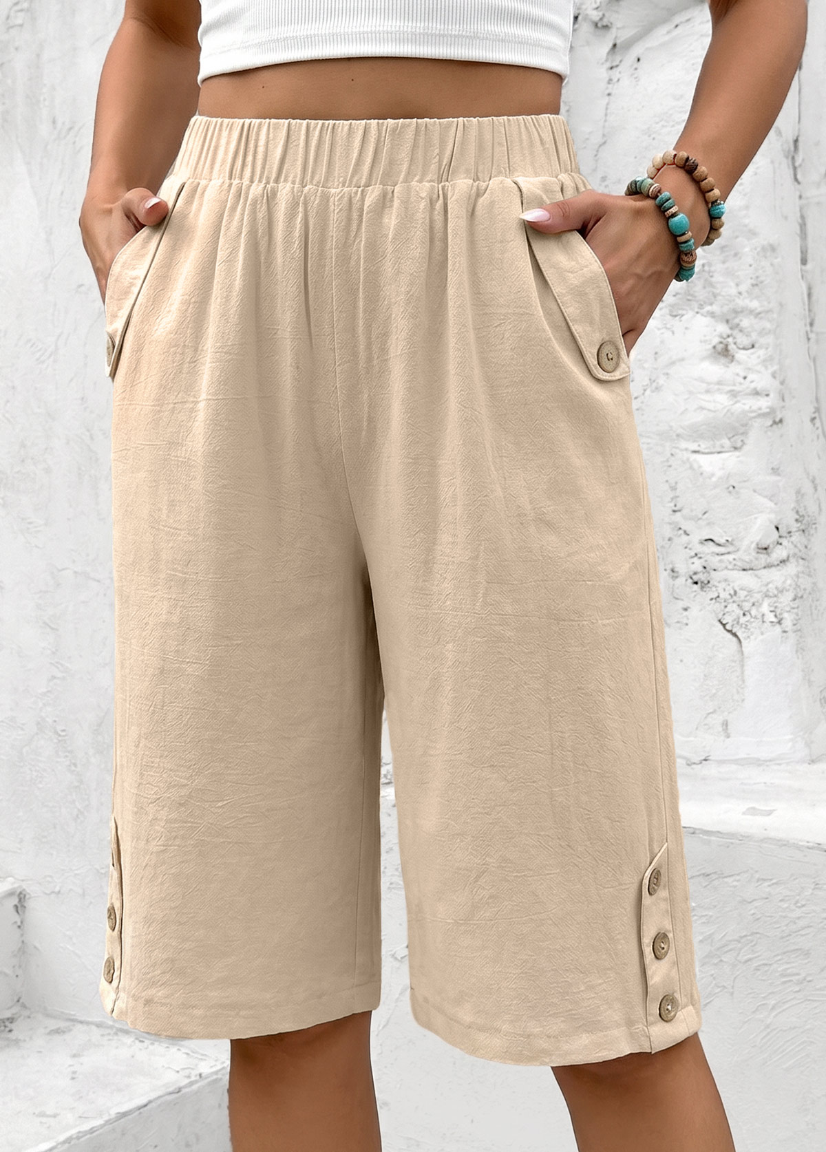 Light Coffee Straight Leg Elastic Waist High Waisted Shorts | picture 