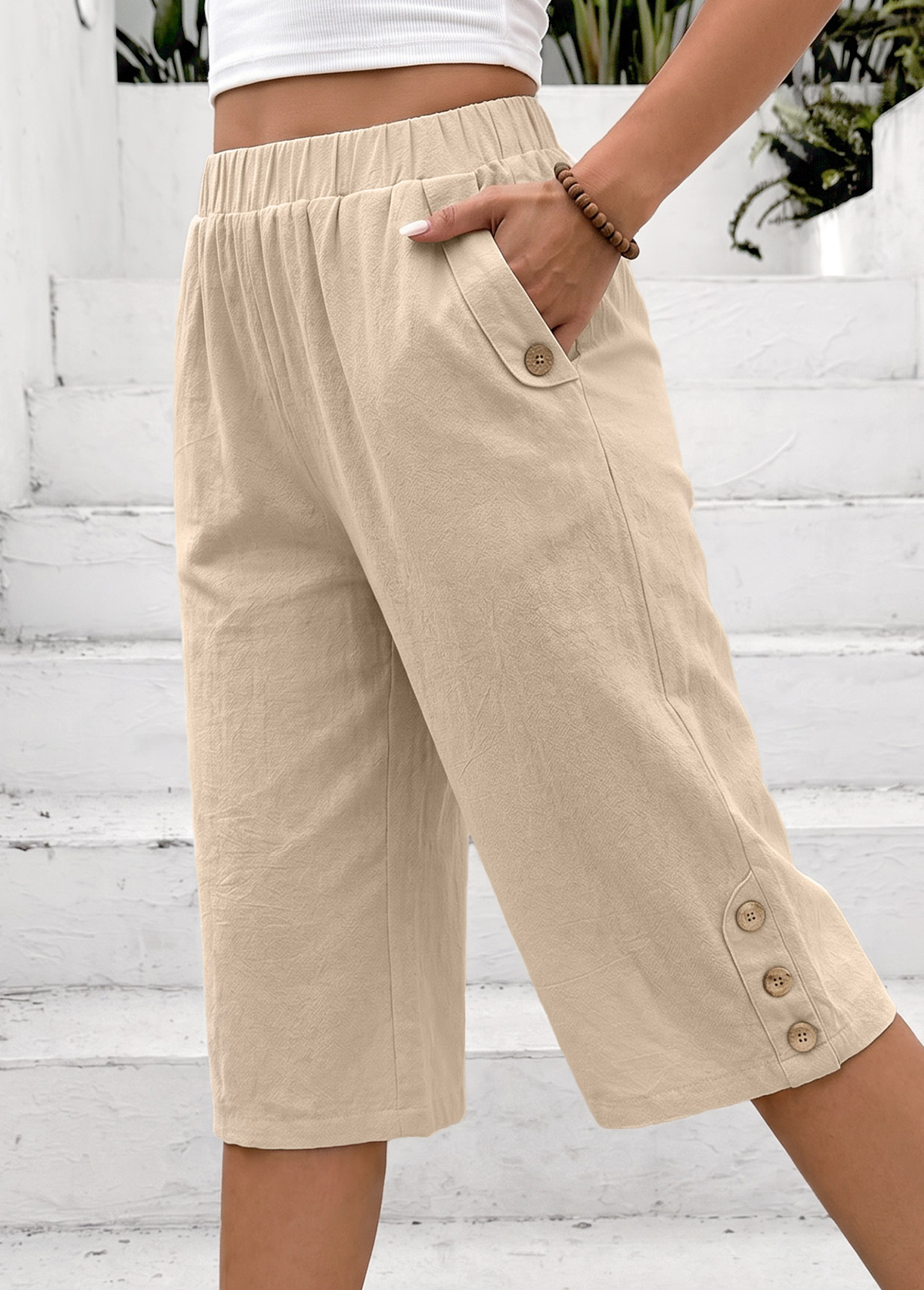 Light Coffee Straight Leg Elastic Waist High Waisted Shorts | picture 