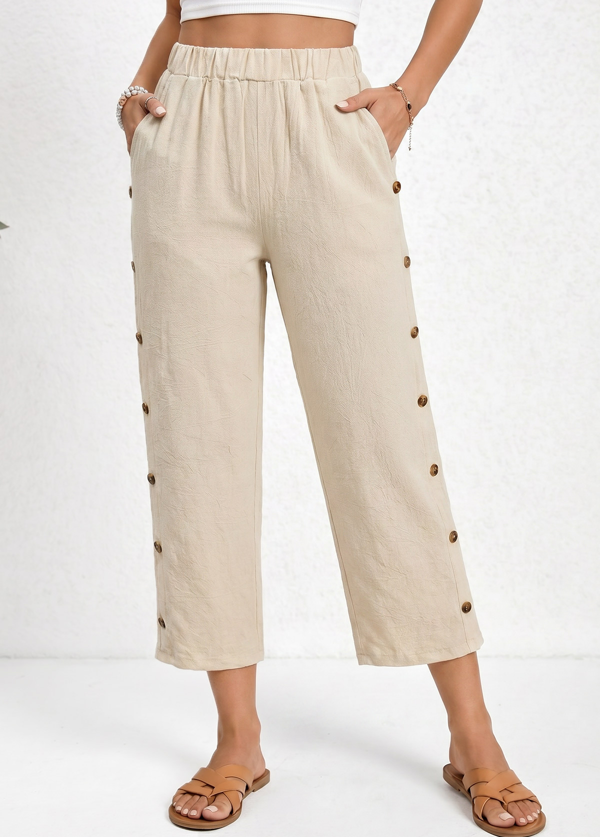 Light Coffee Straight Leg Elastic Waist High Waisted Pants | picture 