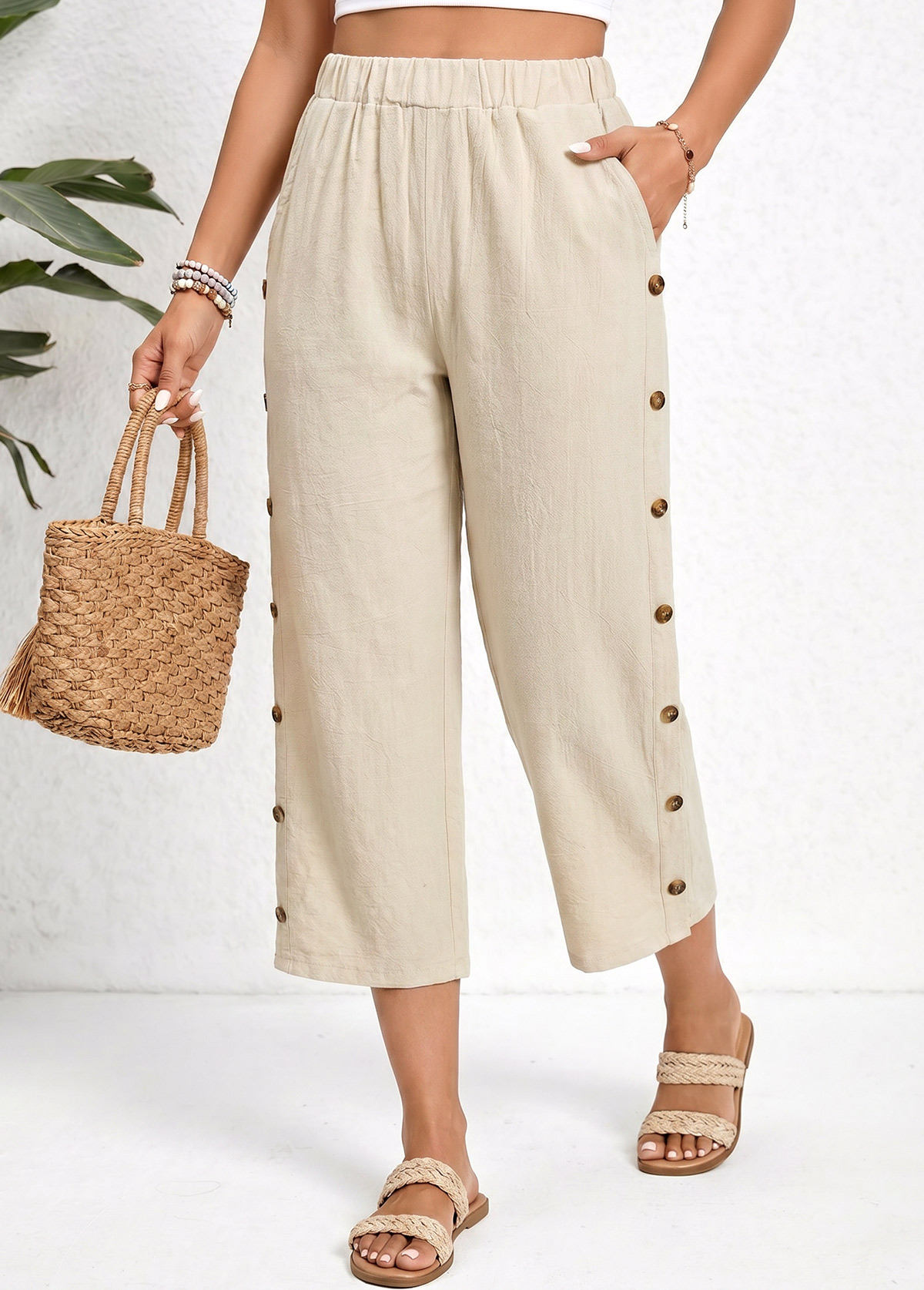 Light Coffee Straight Leg Elastic Waist High Waisted Pants | picture 