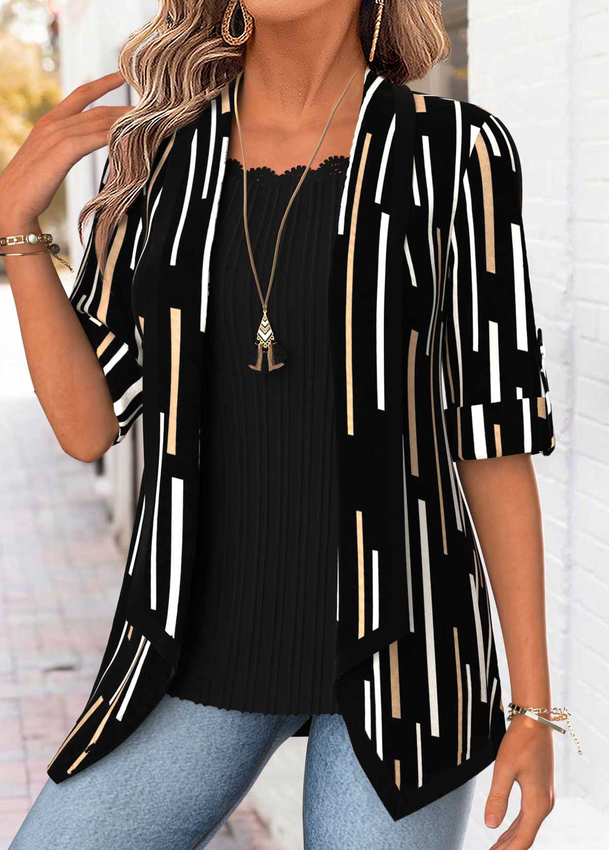 Black Geometric Print 3/4 Sleeve Fake Two Piece Twinset | picture 