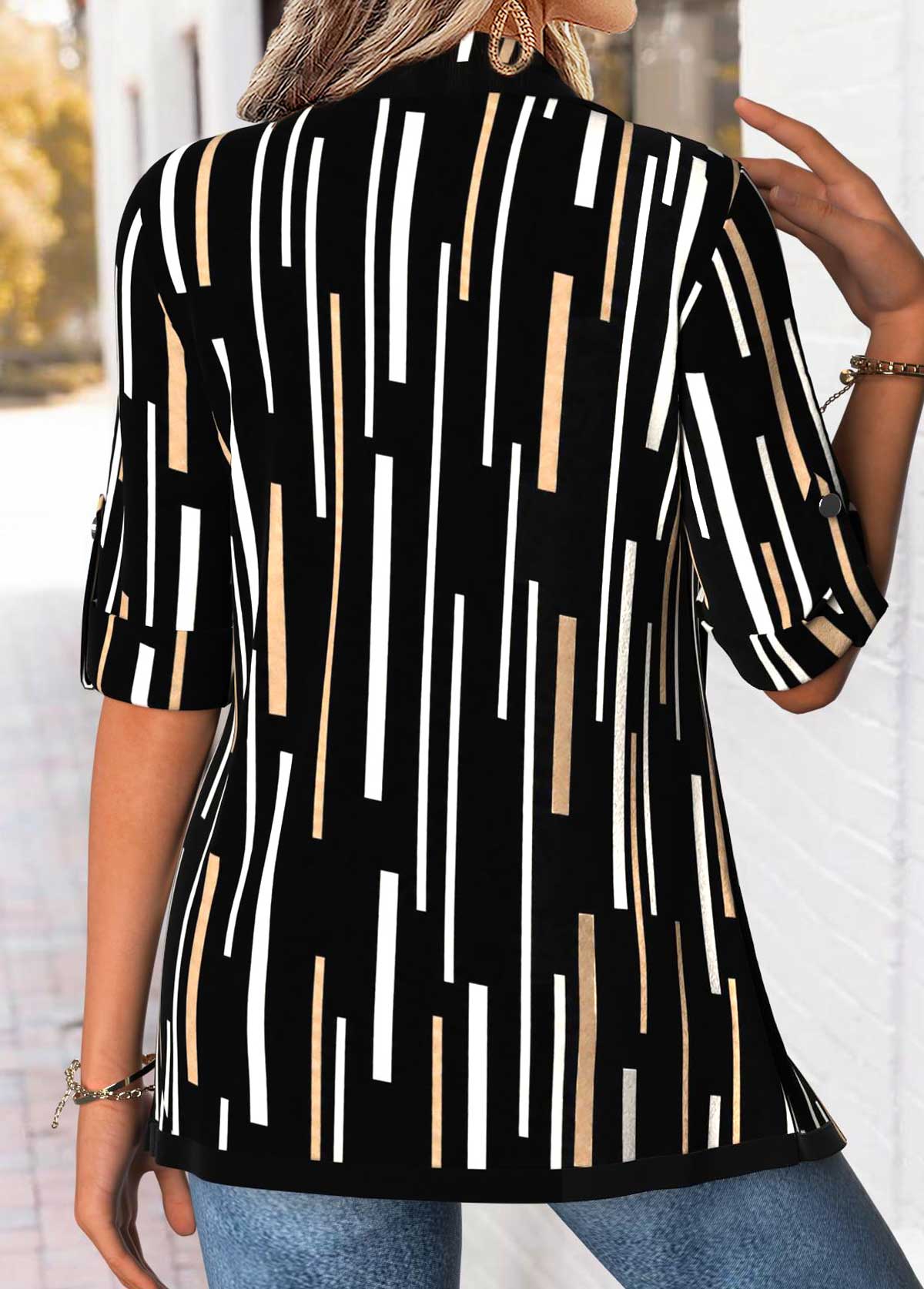 Black Geometric Print 3/4 Sleeve Fake Two Piece Twinset | picture 