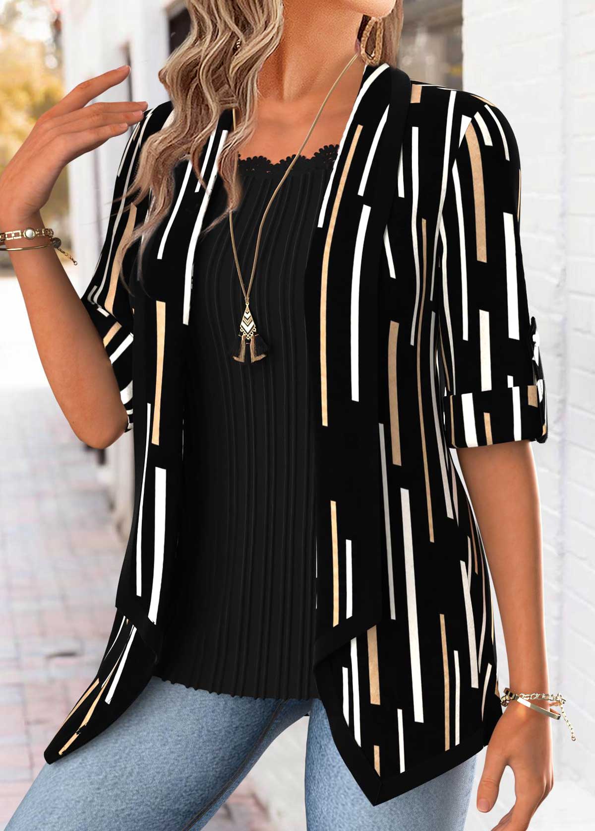 Black Geometric Print 3/4 Sleeve Fake Two Piece Twinset | picture 
